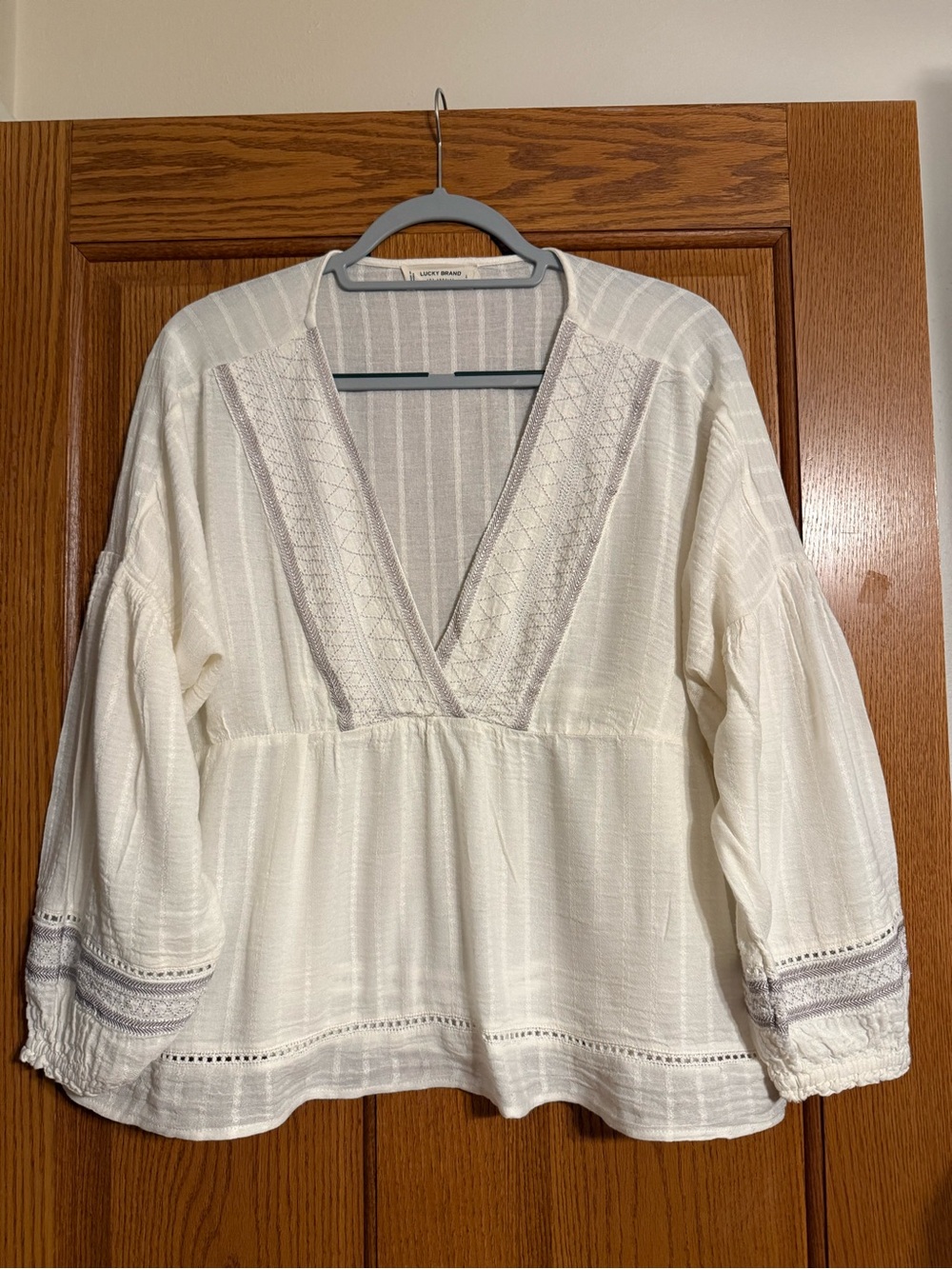 Lucky Brand Cream V-Neck BoHo Embroidered Bubble Sleeve Tunic